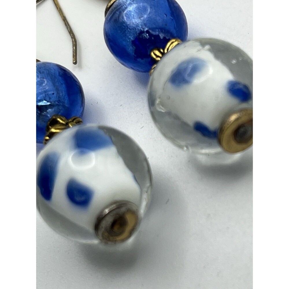 Vintage Blue & White Glass Round Orb Dangle Earrings 2 1/4 “ Long - Picture 3 of 9